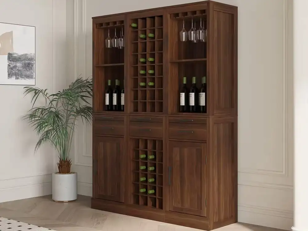 Brown Walnut Color Modular Wine Rack Cabinet with Storage Shelves & Hutch