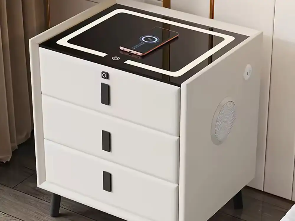 Modern Luxury Bedside Table with Wireless Charging Bluetooth Speaker Fingerprint Lock LED Light