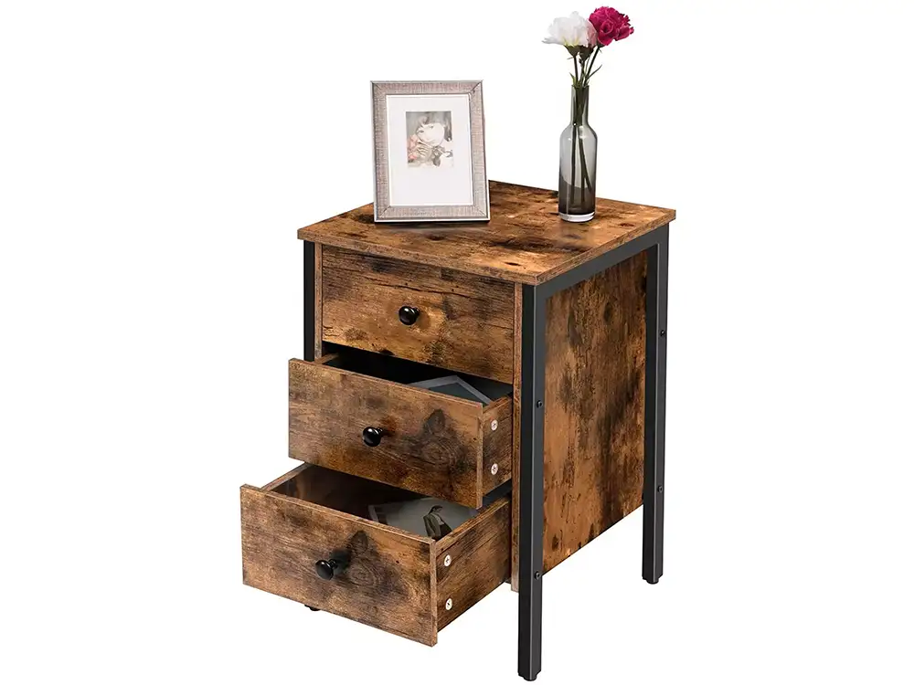 Steel Wooden Nightstand End Table, with 3 Drawers and Storage Shelf Retro Style